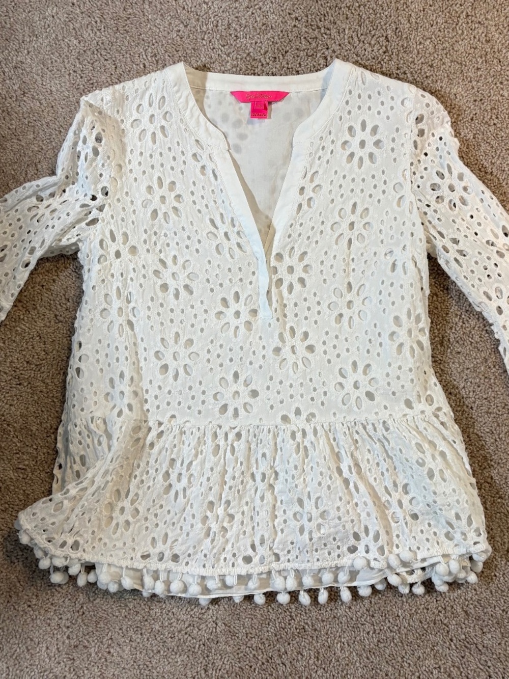 Lilly Pulitzer Bekah White Eyelet Lace‎ Pom Pom Bell Sleeve Peplum Top XS
